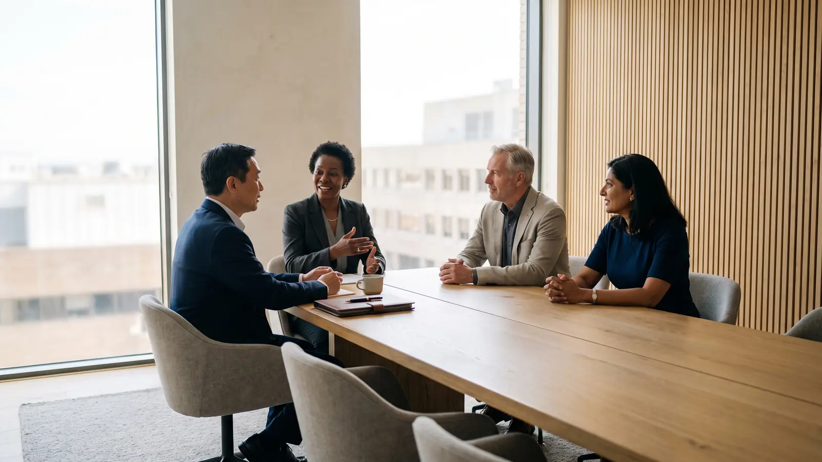 Senior leaders reviewing the numbers in a calm France boardroom
